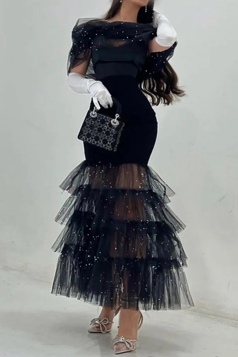 Sexy Formal Solid Patchwork Pleated Off the Shoulder Evening Dress Dresses - VelvetHem
