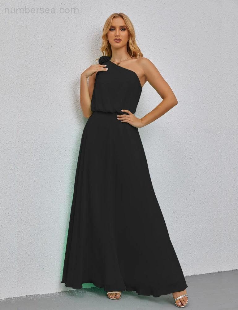 Ruffled One Shoulder Sleeveless Long Bridesmaid Dresses A-line Formal Evening Gown Side Split 28080 (ZD17018)