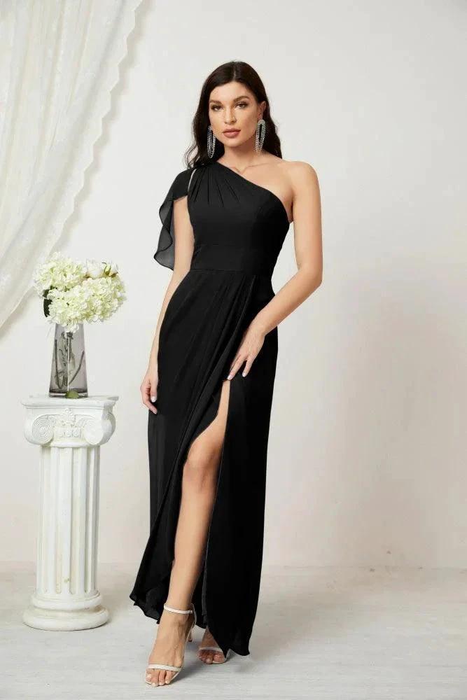 Numbersea Chiffon Ruffled One Shoulder Long Bridesmaid Dresses A-line Formal Evening Gown Side Split 2809 by numbersea