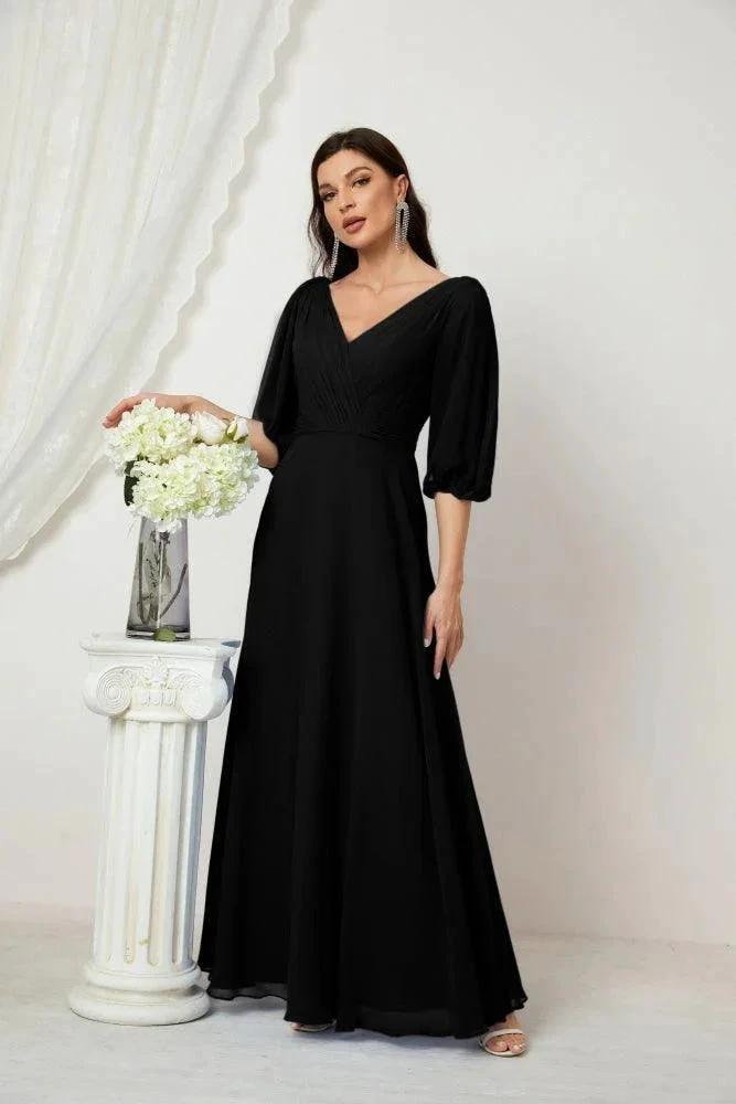 Numbersea Formal Prom Gown Women V-Neck Chiffon Bridesmaid Dresses Long Bishop Sleeve Party Dress 2807 by numbersea