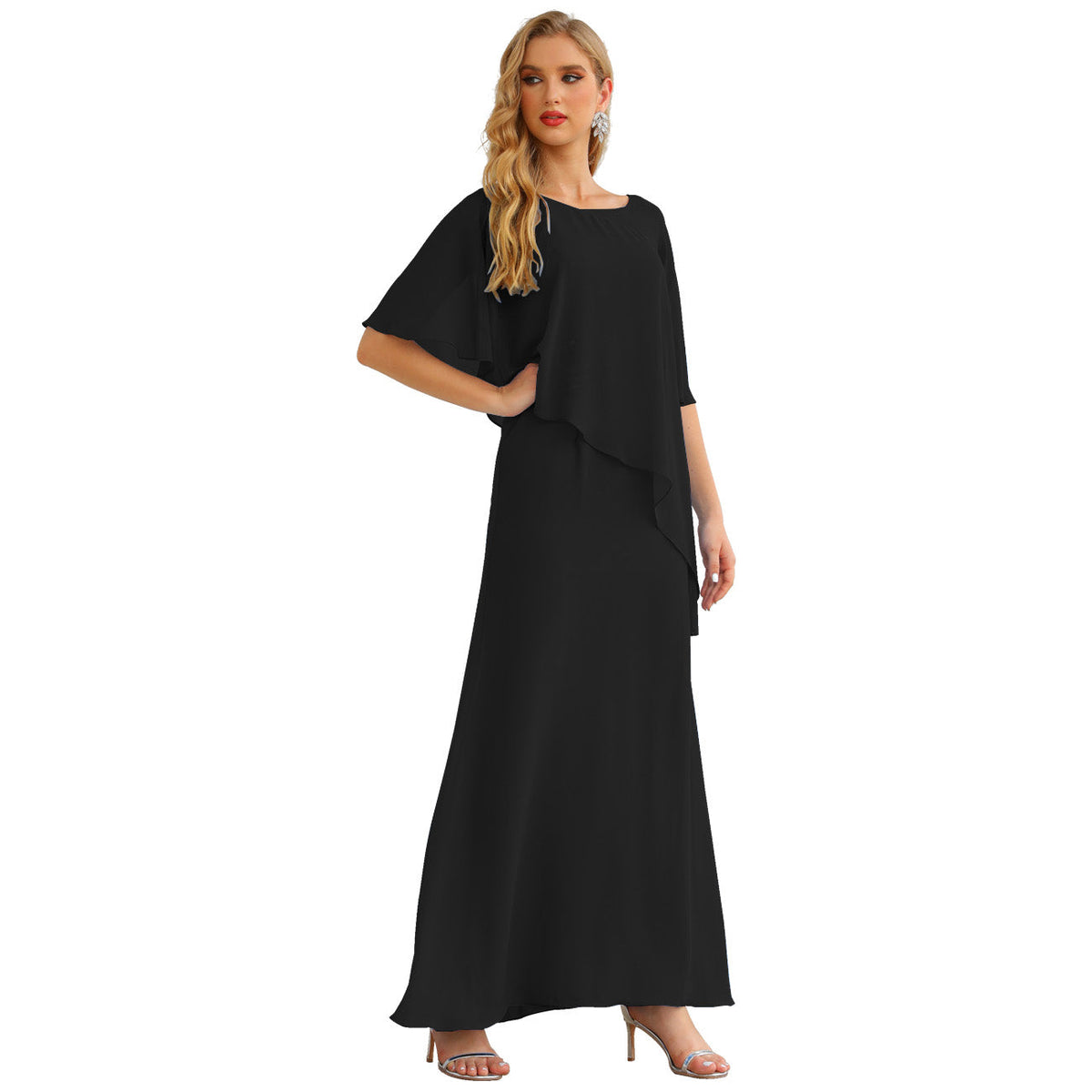 Sunnderly Chiffon Plus Size Mother of The Bride Dresses Formal Prom Gown Ruffle Cape - View 12 | VelvetHem