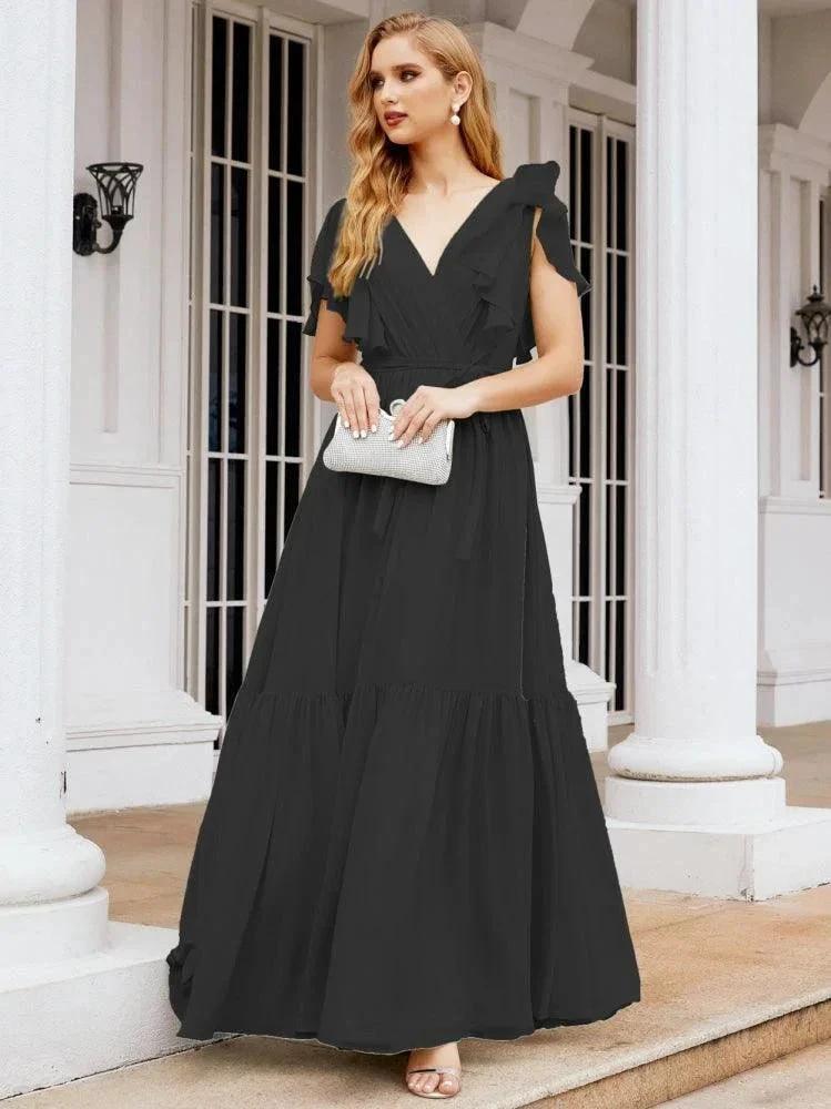 Numbersea Women's Open Back Formal Evening Party Prom Gowns V-Neck Long Chiffon Bridesmaid Dresses with Waist Belt 28038 by numbersea