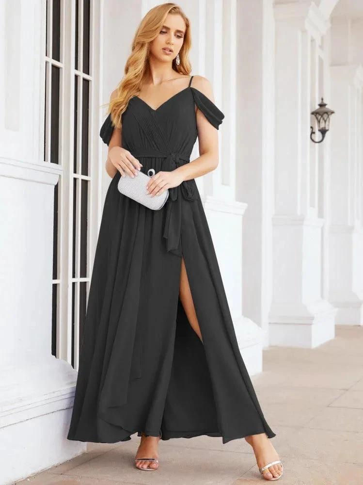 Numbersea Off The Shoulder Chiffon Bridesmaid Dress Long Formal Graduation Gown with Cowl Back 28069 by numbersea