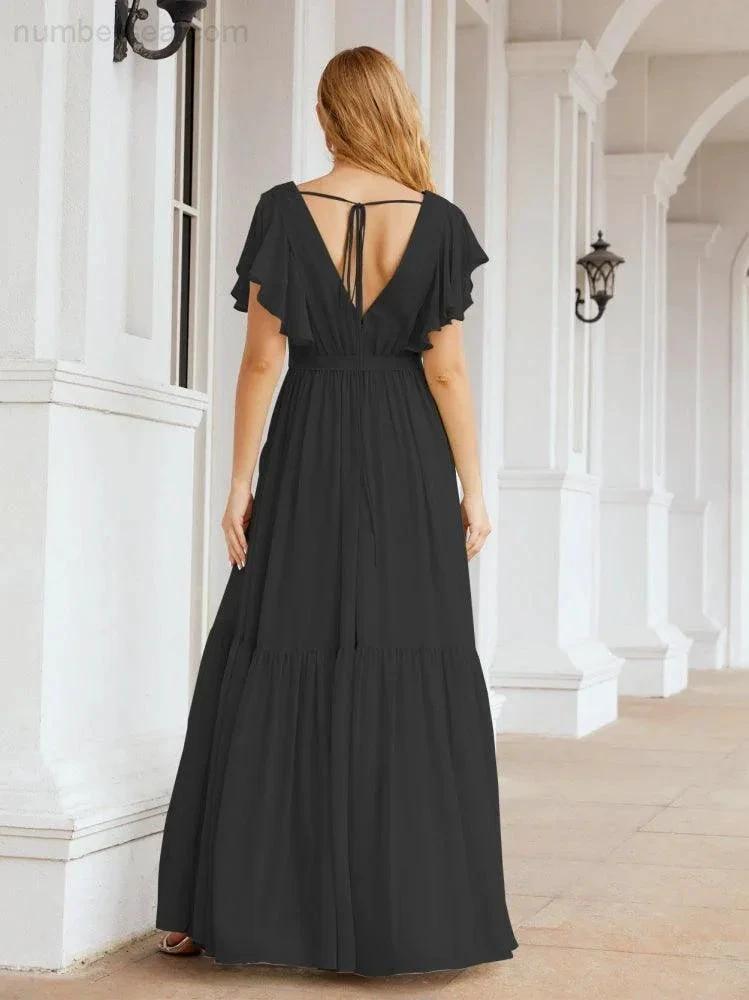 ZapDress Women's Open Back Formal Evening Party Prom Gowns V-Neck Long Chiffon Bridesmaid Dresses with Waist Belt 28038 (ZD17000)