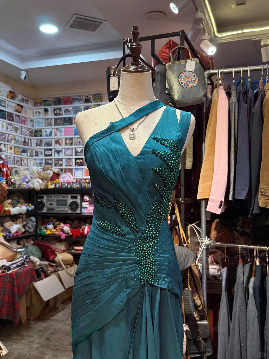Elegant Peacock Green One-Shoulder Pearl Ribbon Satin Long Prom & Evening Dress - View 2 | FashionDia