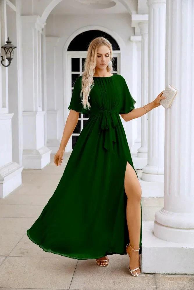 Ladies Chiffon Sleeve Crew Neck Front Slit Floor Length Bridesmaid Evening Dress Wedding Party Evening Dress 28124 by numbersea