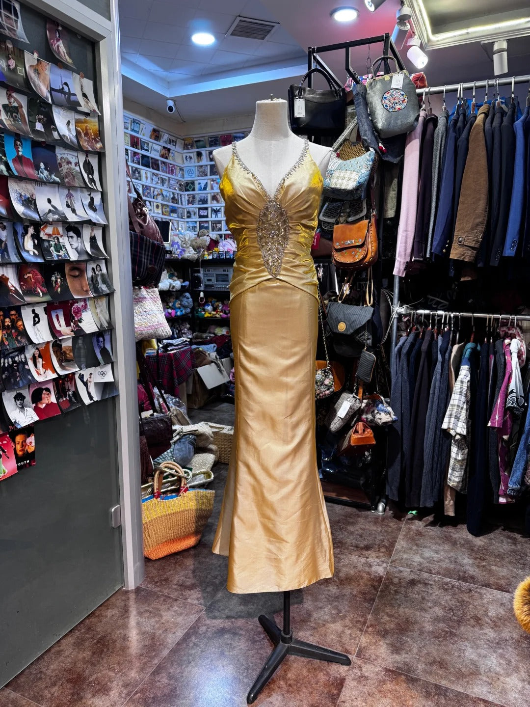 Vintage Gold Mermaid V-neck Sequined Satin Long Prom Dress Evening Dress