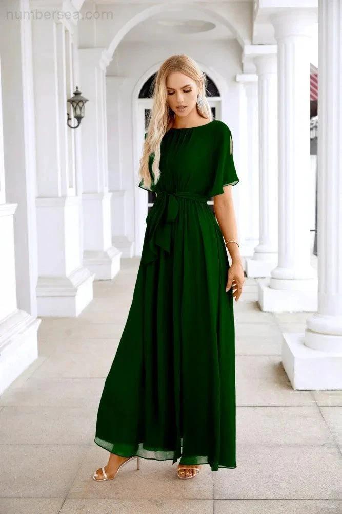Ladies Chiffon Sleeve Crew Neck Front Slit Floor Length Bridesmaid Evening Dress Wedding Party Evening Dress 28124 (ZD17007)