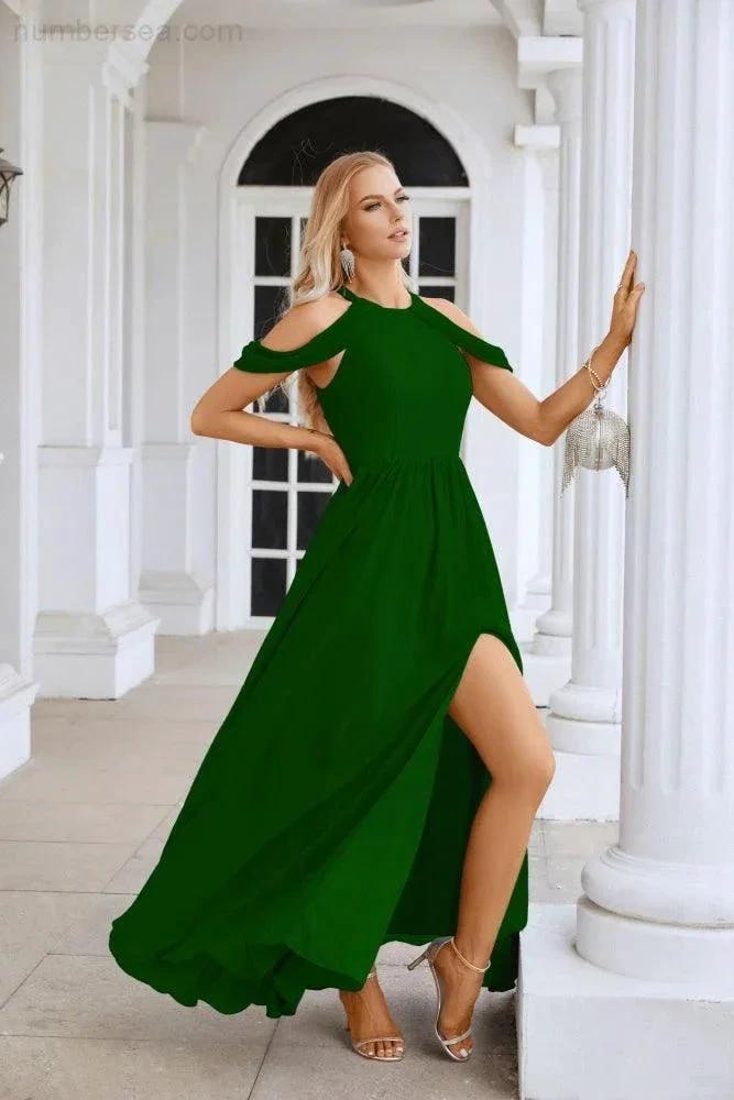 Ladies Chiffon Off Shoulder Swing Sleeve Front Slit Bridesmaid Evening Dress Wedding Party Evening Dress 28117 (ZD17011)
