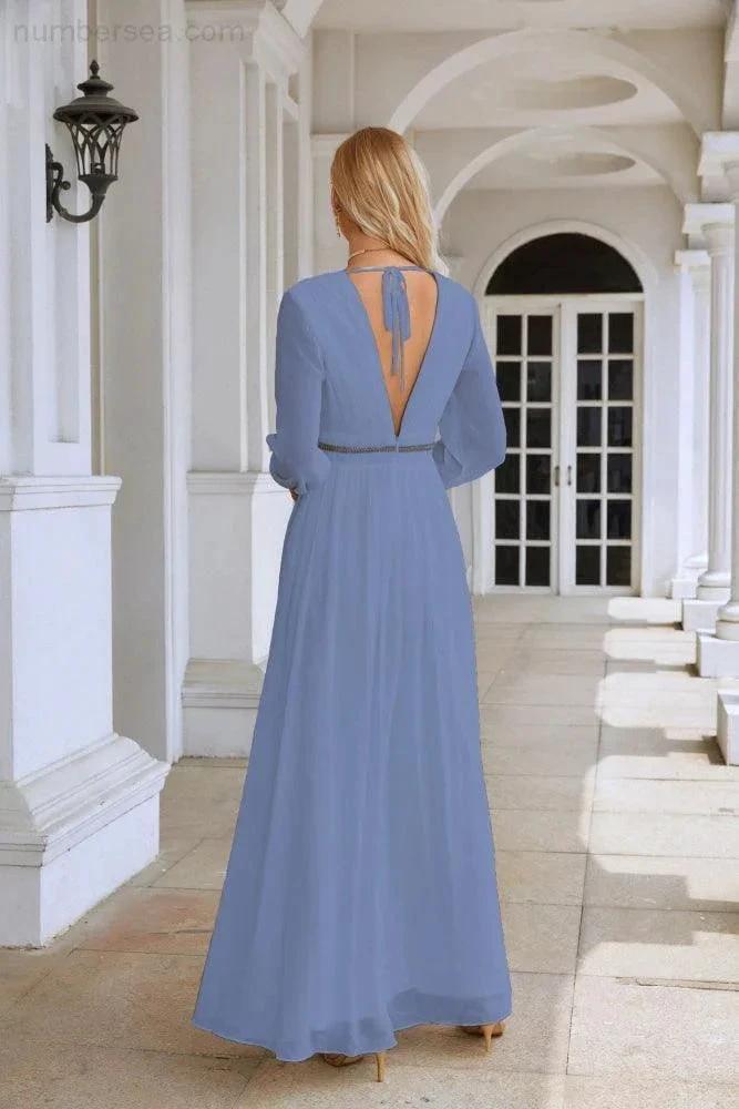 Ladies V Neck Chiffon Long Sleeve Front Slit Bridesmaid Evening Dress Wedding Party Shopping Evening Dress 28109 (ZD16991)