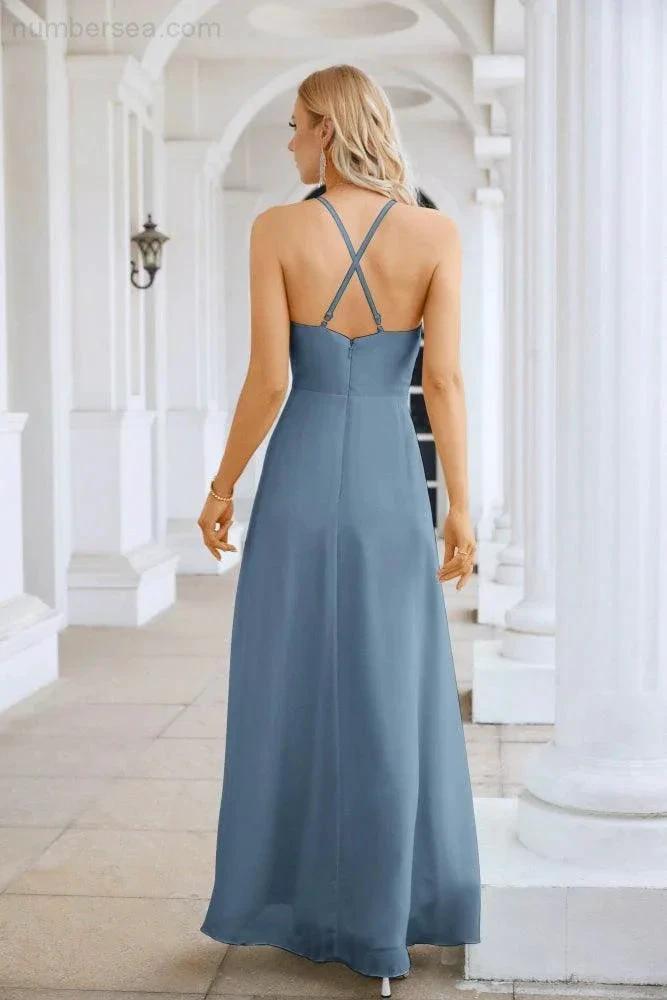 Ladies Chiffon Spaghetti Strap V Neck Front Slit Floor Length Bridesmaid Evening Dress Prom Party Wedding Evening Dress 28116 (ZD17012)