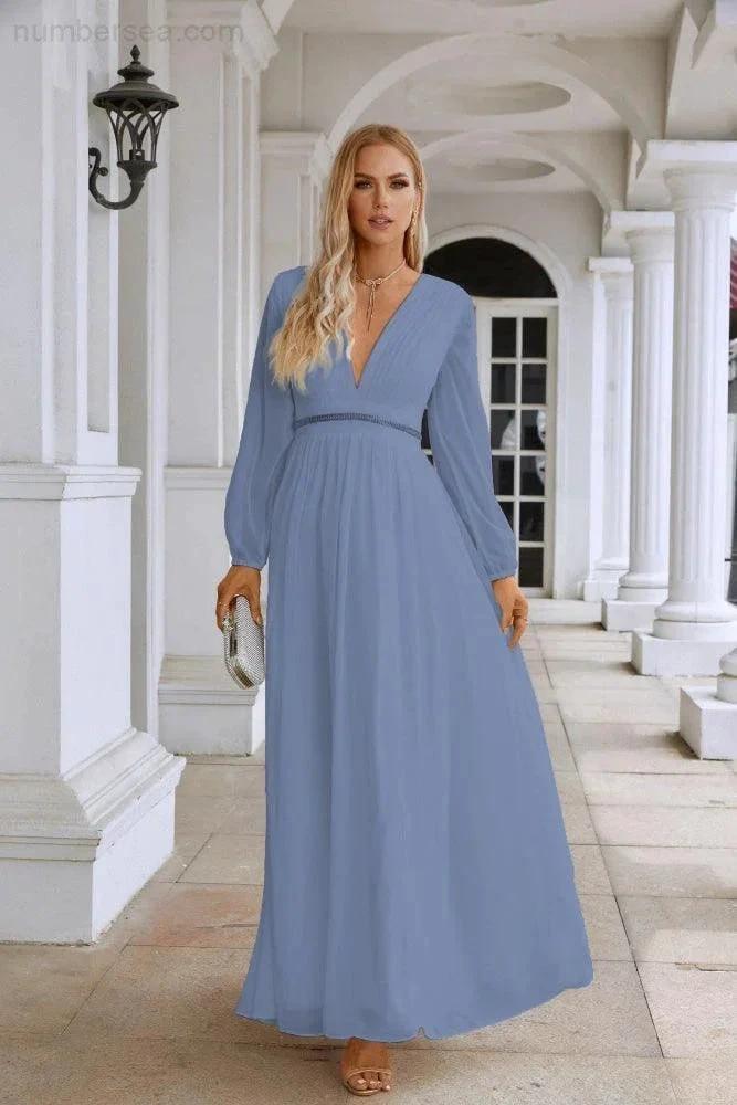 Ladies V Neck Chiffon Long Sleeve Front Slit Bridesmaid Evening Dress Wedding Party Shopping Evening Dress 28109 (ZD16991)