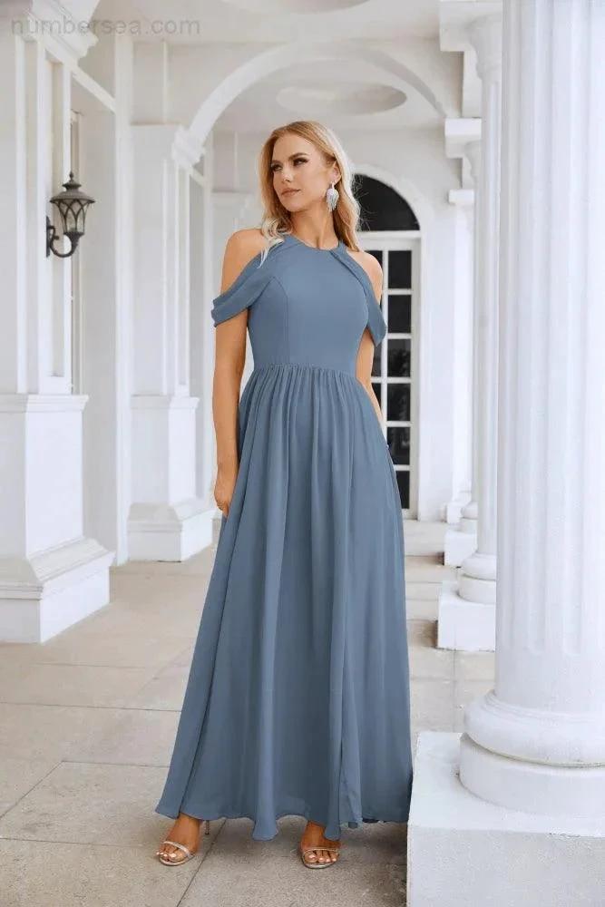 Ladies Chiffon Off Shoulder Swing Sleeve Front Slit Bridesmaid Evening Dress Wedding Party Evening Dress 28117 (ZD17011)