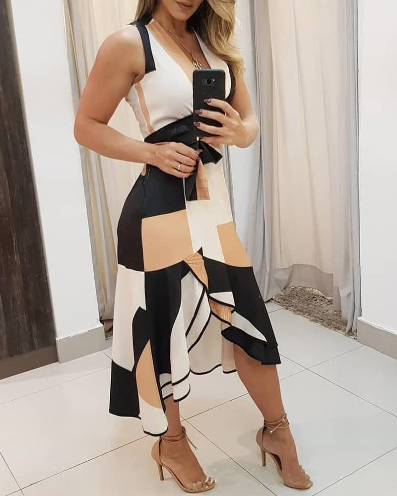 Luxe Zenaida Women's Asymmetric Midi Dress with Graphic Pattern and Waist Everyday Edit