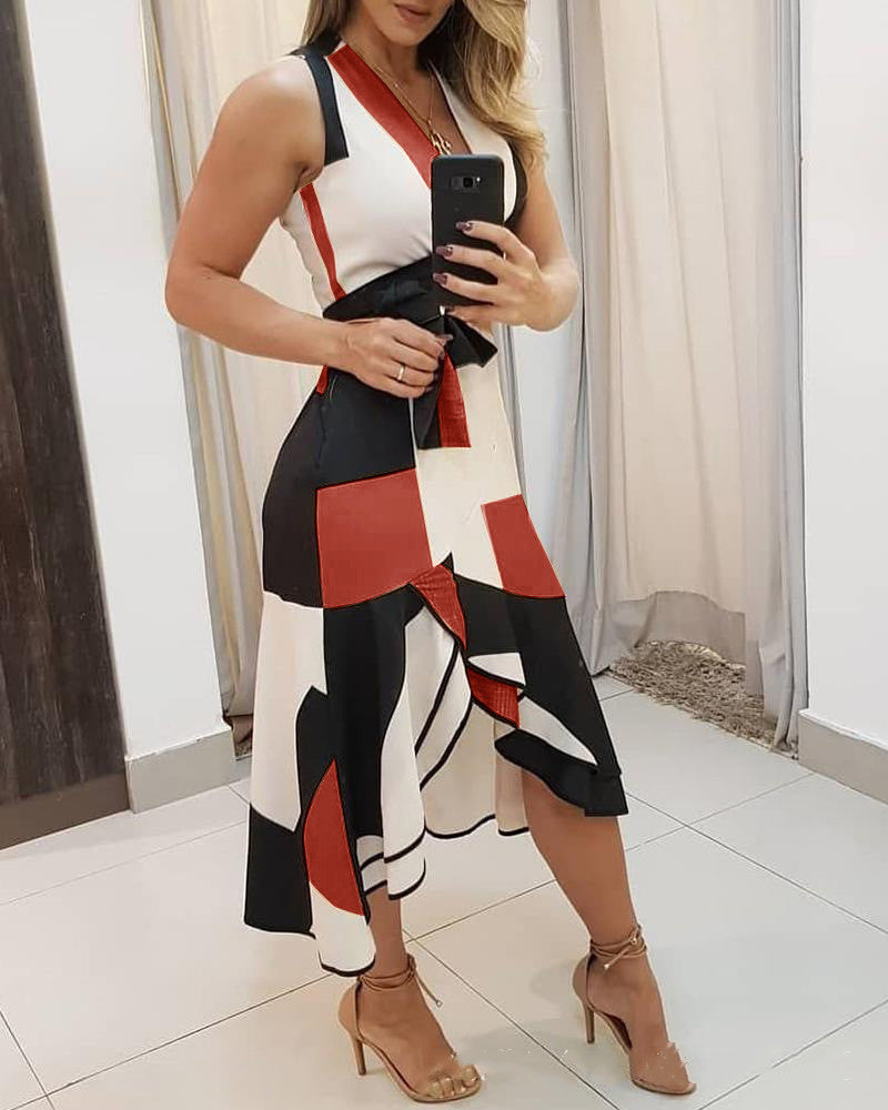 Luxe Zenaida Women's Asymmetric Midi Dress with Graphic Pattern and Waist Everyday Edit