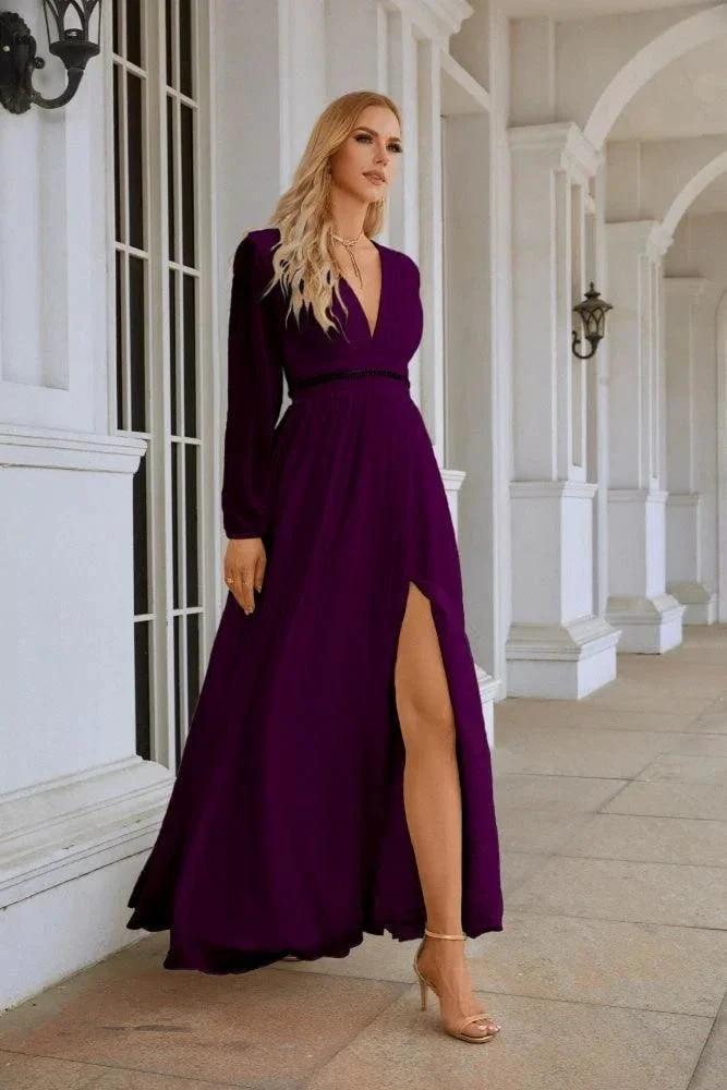 Ladies V Neck Chiffon Long Sleeve Front Slit Bridesmaid Evening Dress Wedding Party Shopping Evening Dress 28109 by numbersea