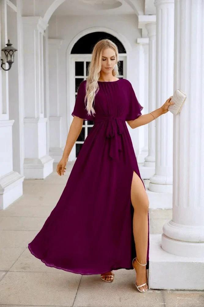 Ladies Chiffon Sleeve Crew Neck Front Slit Floor Length Bridesmaid Evening Dress Wedding Party Evening Dress 28124 by numbersea