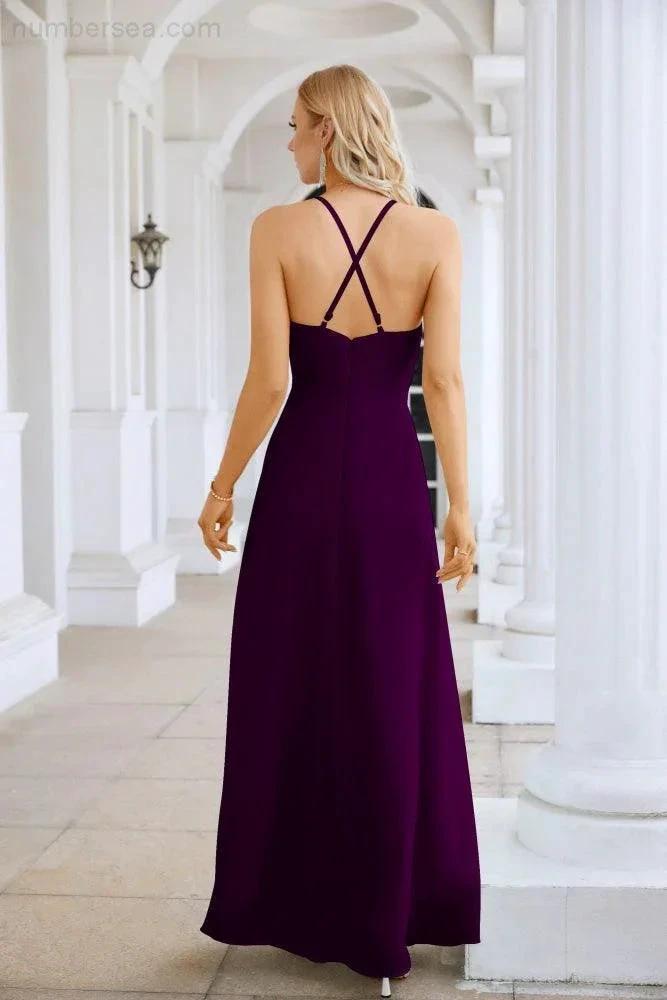 Ladies Chiffon Spaghetti Strap V Neck Front Slit Floor Length Bridesmaid Evening Dress Prom Party Wedding Evening Dress 28116 (ZD17012)
