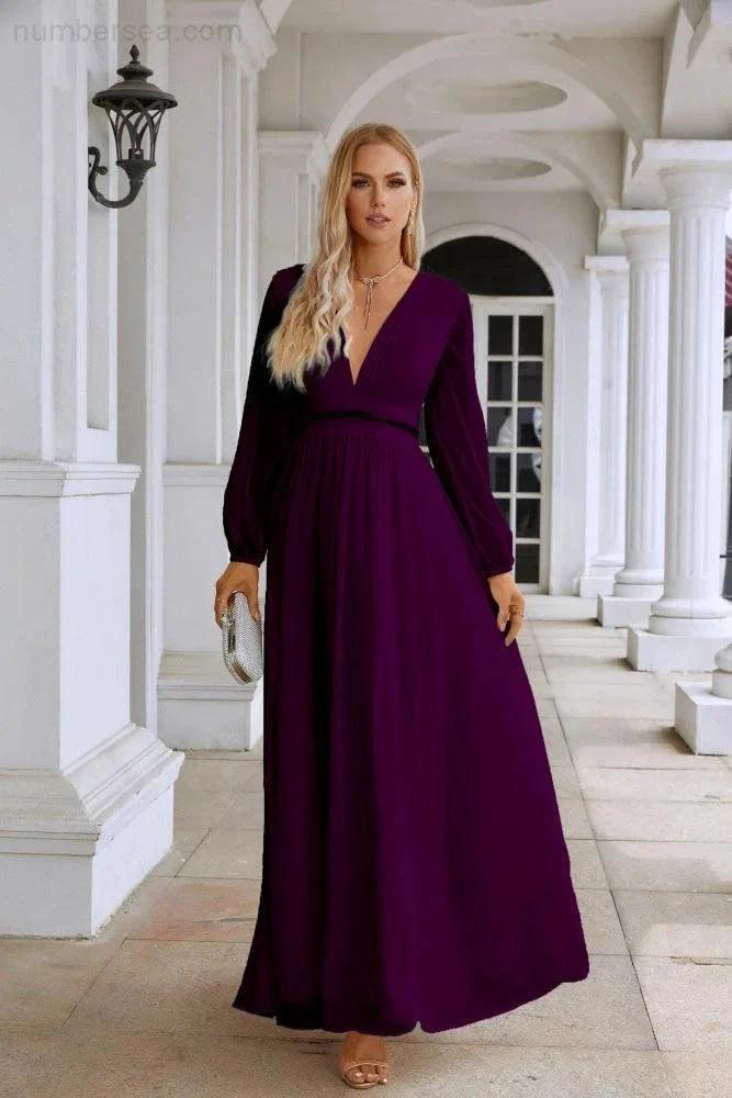 Ladies V Neck Chiffon Long Sleeve Front Slit Bridesmaid Evening Dress Wedding Party Shopping Evening Dress 28109 (ZD16991)