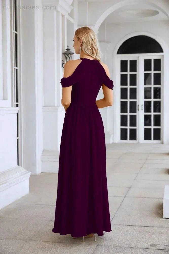 Ladies Chiffon Off Shoulder Swing Sleeve Front Slit Bridesmaid Evening Dress Wedding Party Evening Dress 28117 (ZD17011)