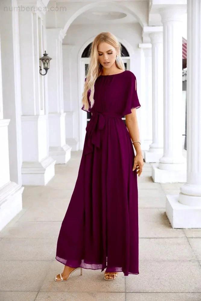 Ladies Chiffon Sleeve Crew Neck Front Slit Floor Length Bridesmaid Evening Dress Wedding Party Evening Dress 28124 (ZD17007)