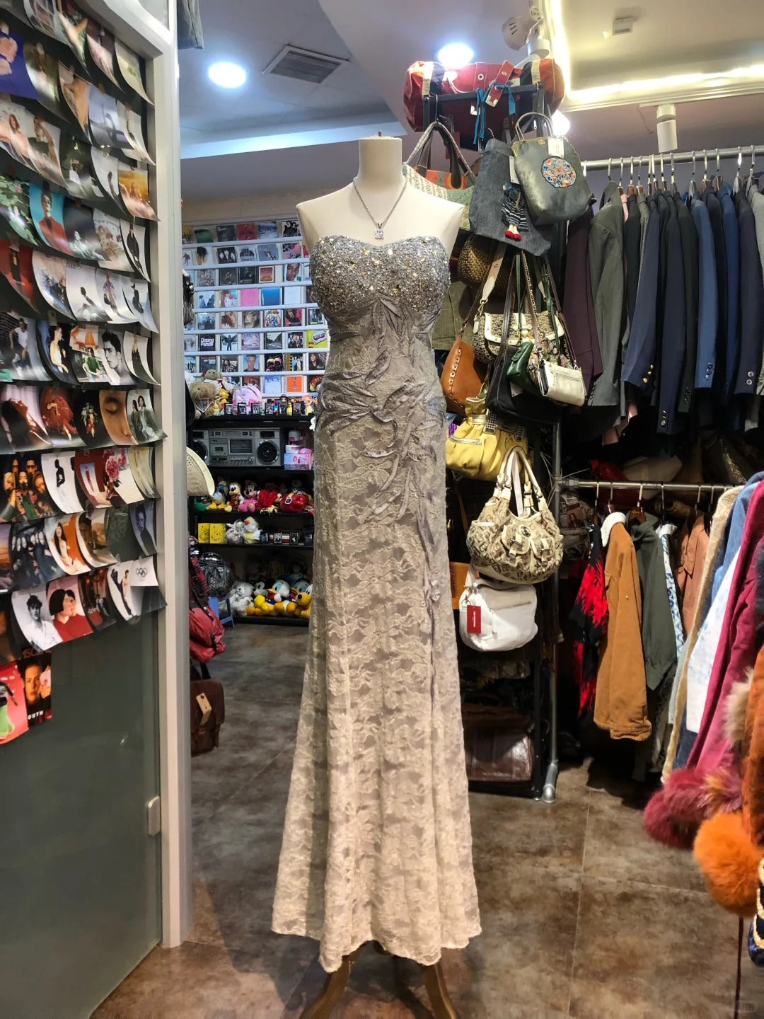 Elegant Grey Mermaid Strapless Sequined Lace Long Prom Dress Evening Dress