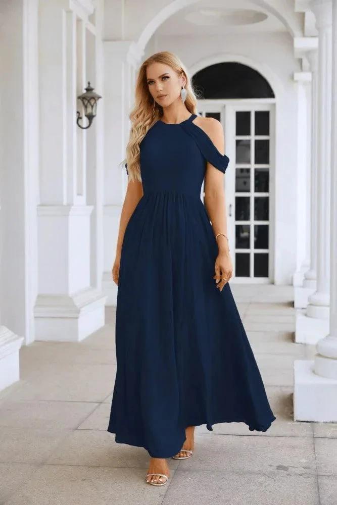 Ladies Chiffon Off Shoulder Swing Sleeve Front Slit Bridesmaid Evening Dress Wedding Party Evening Dress 28117 by numbersea