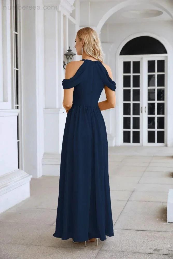 Ladies Chiffon Off Shoulder Swing Sleeve Front Slit Bridesmaid Evening Dress Wedding Party Evening Dress 28117 (ZD17011)