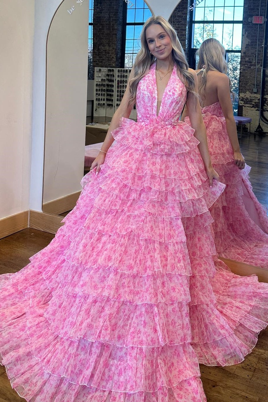 Charming A-Line Halter Neck Pink Printed Long Prom Dress with Open Back - FashionDia
