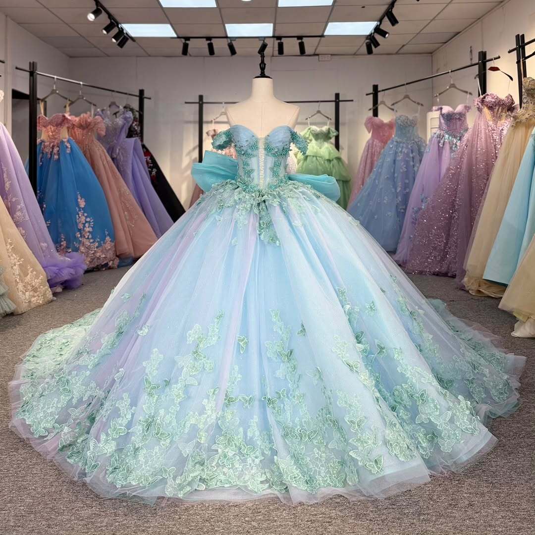 Charming A Line Off the Shoulder Light Blue Quinceanera Dress with Appliques Bowknot