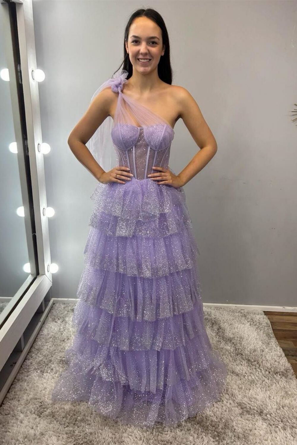 Charming A-Line One-Shoulder Purple Corset Prom Dress with Ruffles - FashionDia