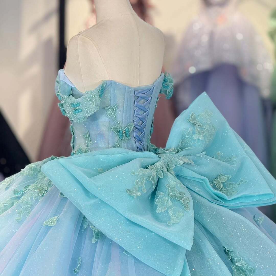 Charming A Line Off the Shoulder Light Blue Quinceanera Dress with Appliques Bowknot