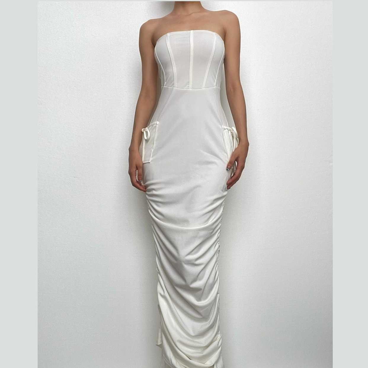 Ruched backless solid drawstring tube midi dress