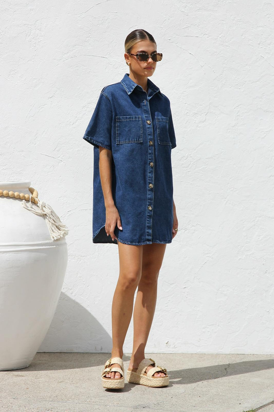 Short Sleeve Shirt Denim Dress - View 3 | VelvetHem
