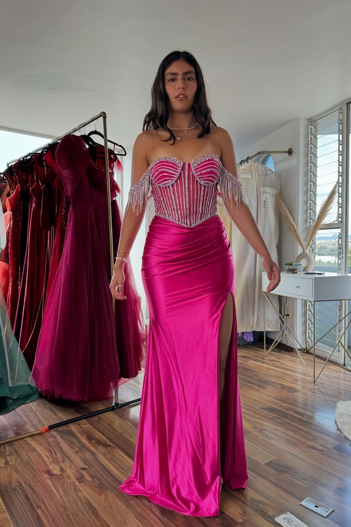 Beautiful Mermaid Off the Shoulder Fuchsia Long Party Dress with Beading