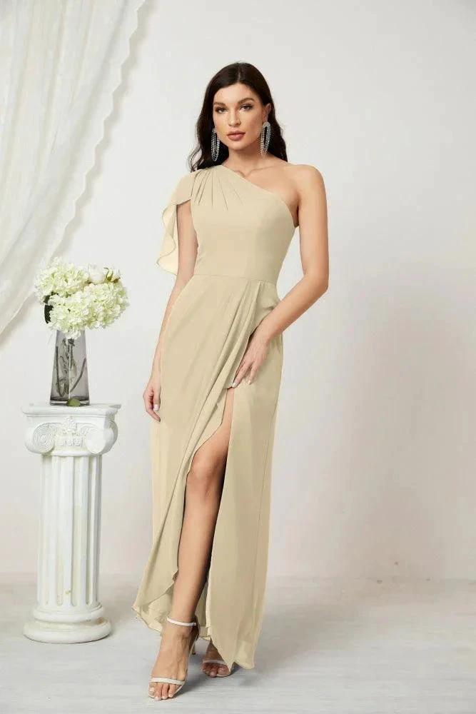Numbersea Chiffon Ruffled One Shoulder Long Bridesmaid Dresses A-line Formal Evening Gown Side Split 2809 by numbersea