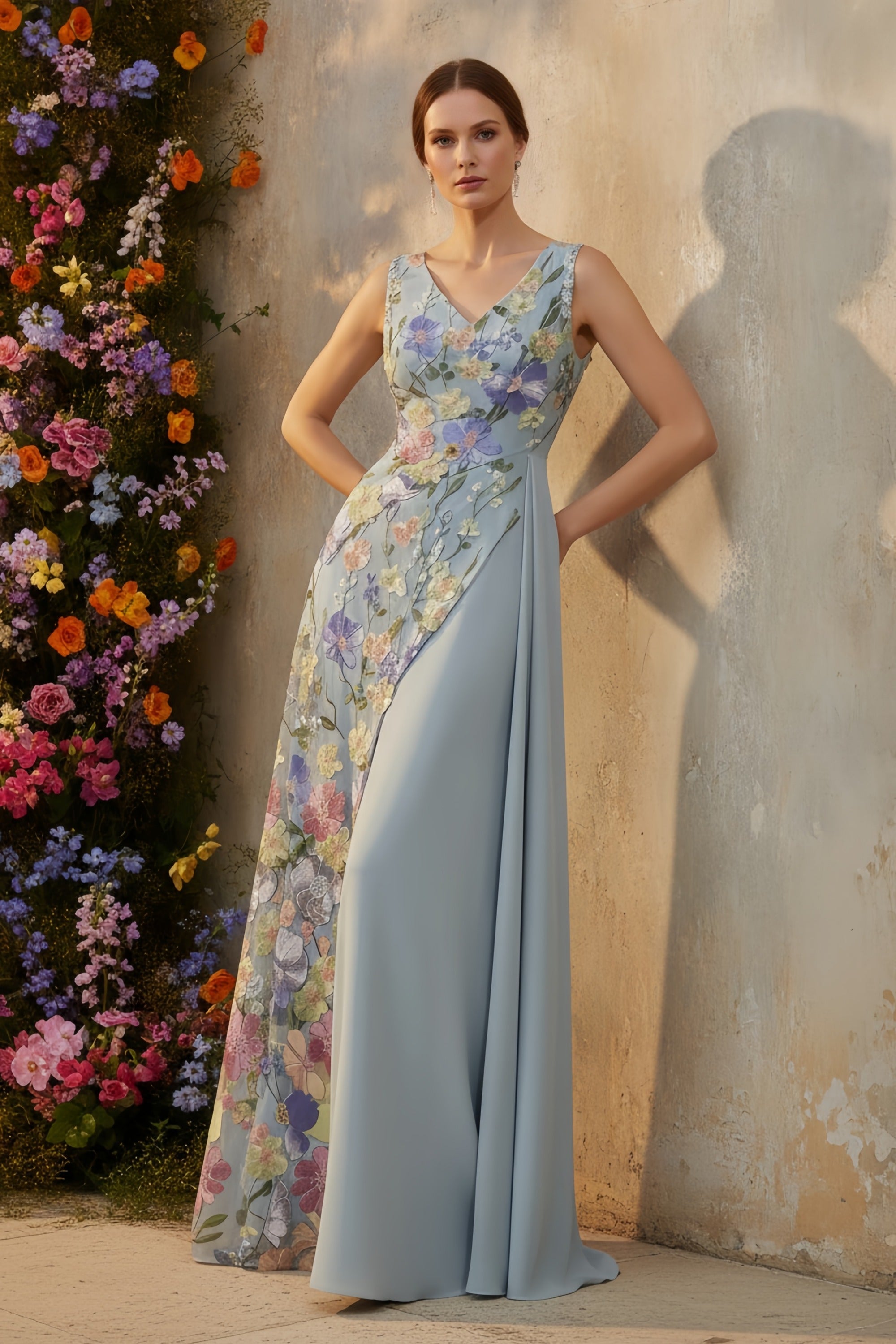 Floral Embroidered Asymmetrical Evening Gown with V-Neckline