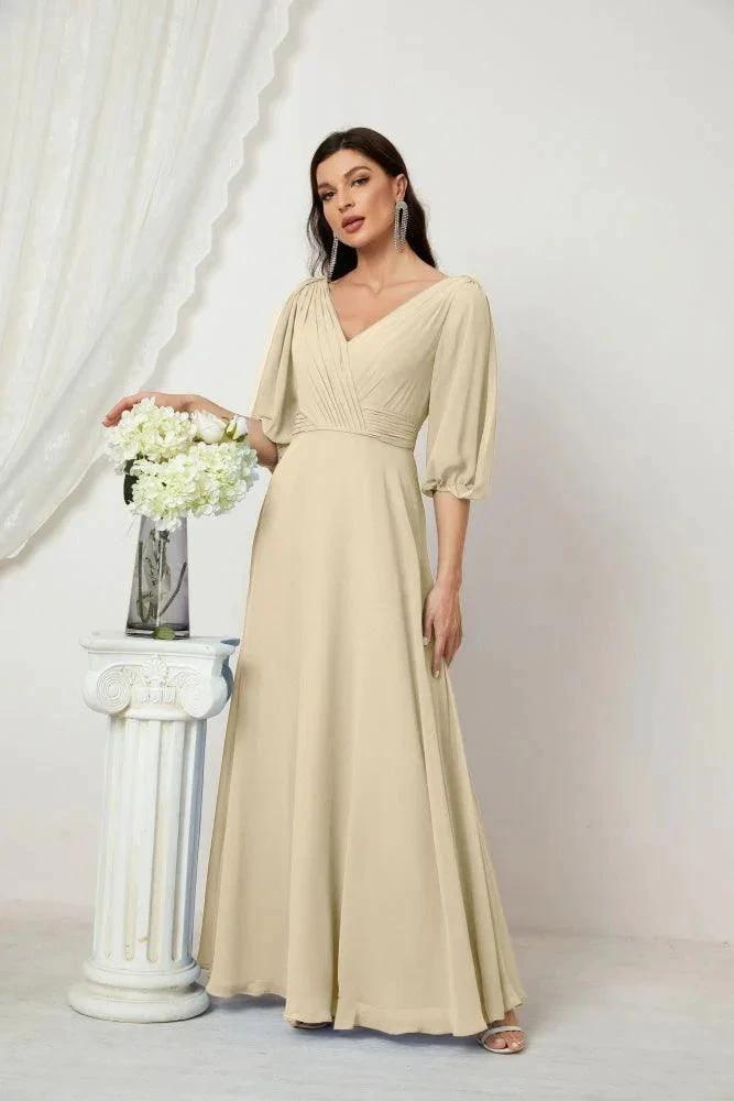 Numbersea Formal Prom Gown Women V-Neck Chiffon Bridesmaid Dresses Long Bishop Sleeve Party Dress 2807 by numbersea