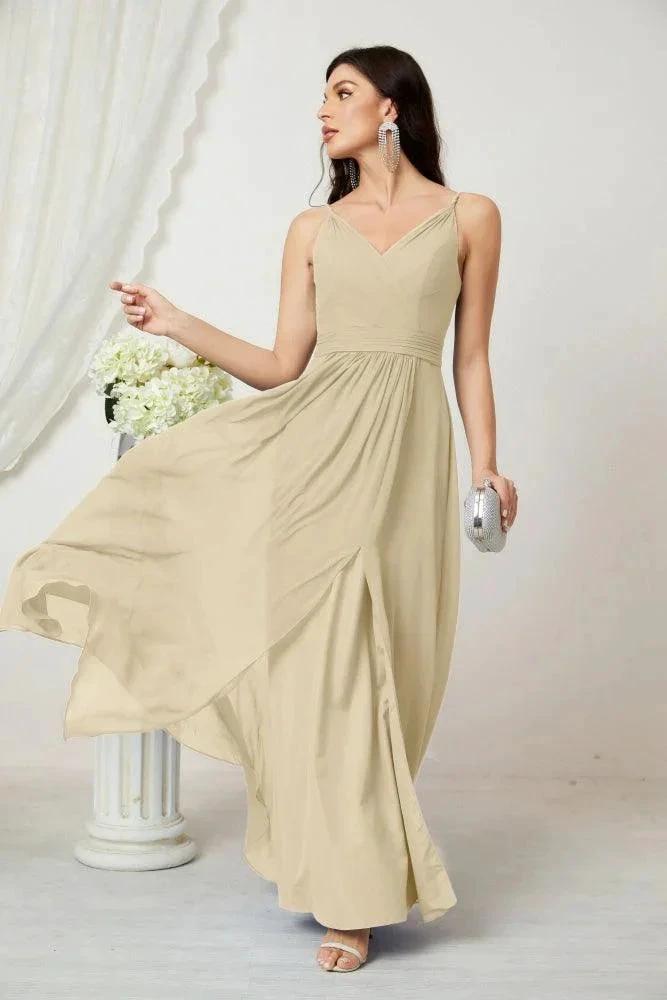 Numbersea Chiffon V-Neck Bridesmaid Dress Spaghetti Strap Long Formal Party Prom Gowns with Slit 28010 by numbersea