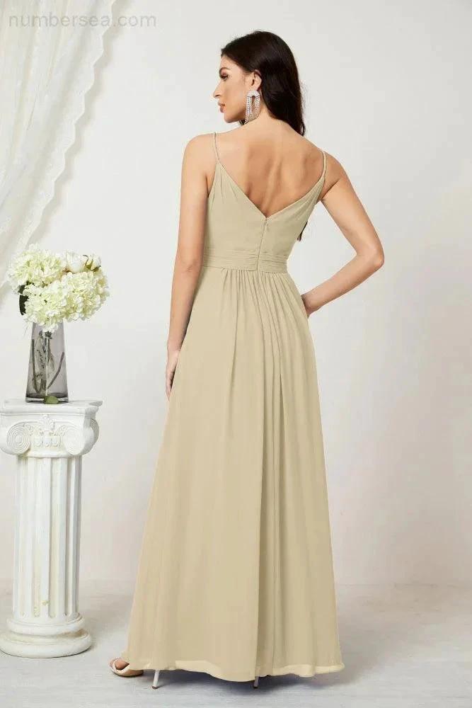 ZapDress Chiffon V-Neck Bridesmaid Dress Spaghetti Strap Long Formal Party Prom Gowns with Slit 28010 (ZD17028)