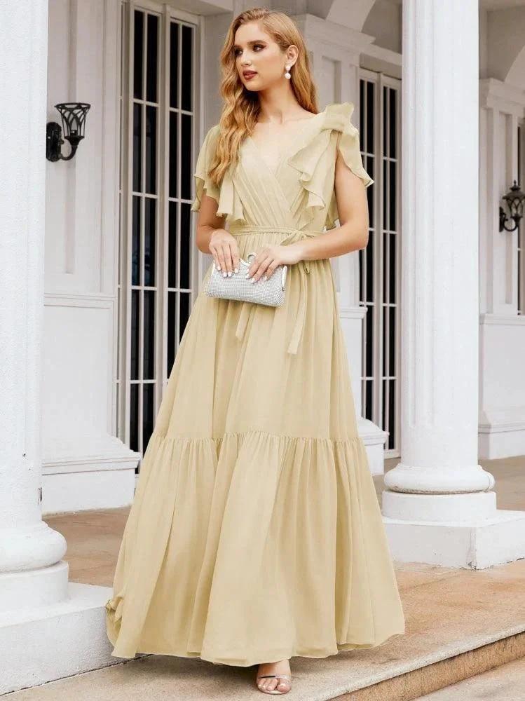 Numbersea Women's Open Back Formal Evening Party Prom Gowns V-Neck Long Chiffon Bridesmaid Dresses with Waist Belt 28038 by numbersea