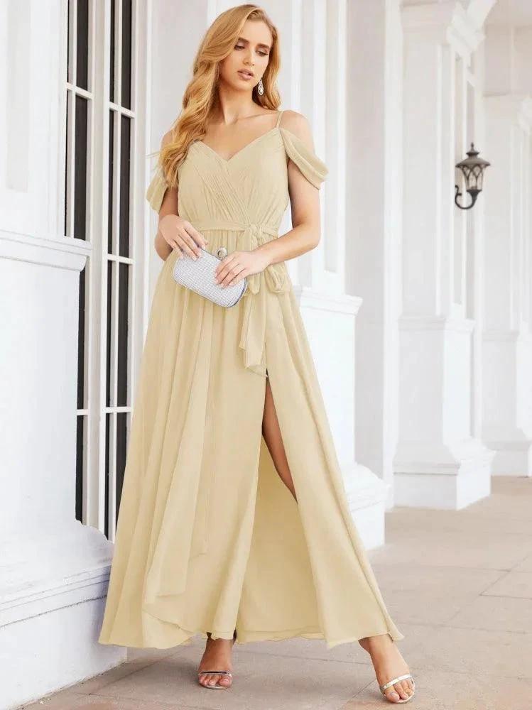 Numbersea Off The Shoulder Chiffon Bridesmaid Dress Long Formal Graduation Gown with Cowl Back 28069 by numbersea