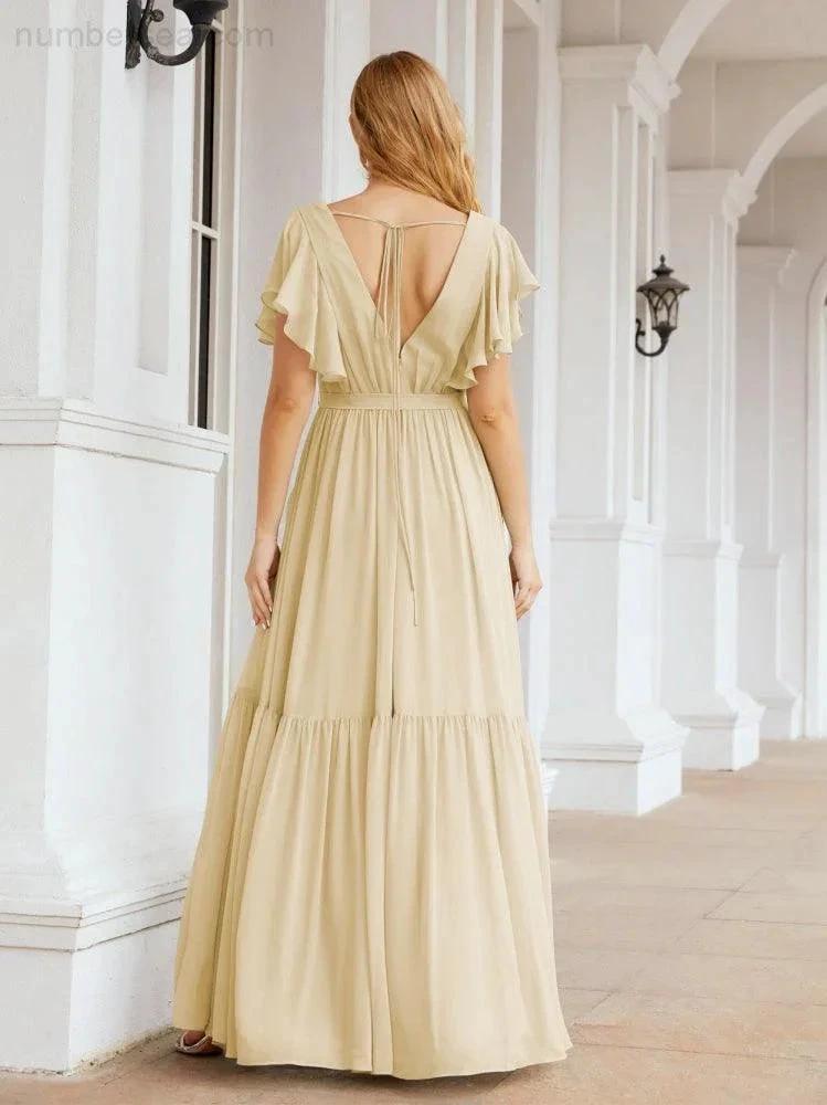 ZapDress Women's Open Back Formal Evening Party Prom Gowns V-Neck Long Chiffon Bridesmaid Dresses with Waist Belt 28038 (ZD17000)