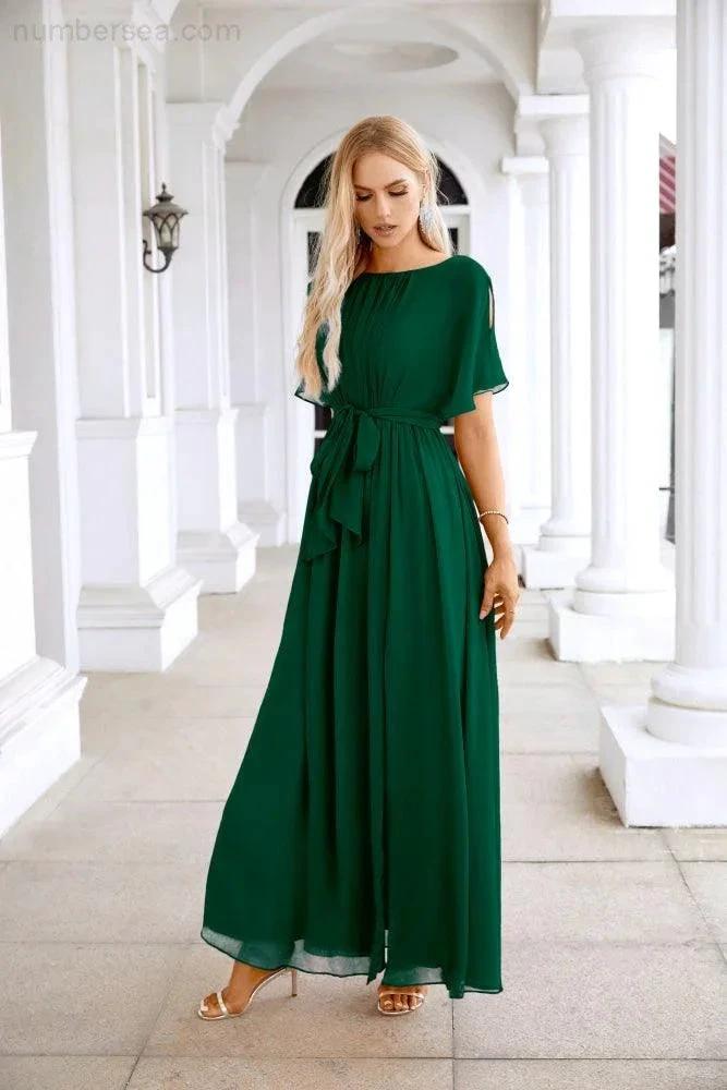 Ladies Chiffon Sleeve Crew Neck Front Slit Floor Length Bridesmaid Evening Dress Wedding Party Evening Dress 28124 (ZD17007)