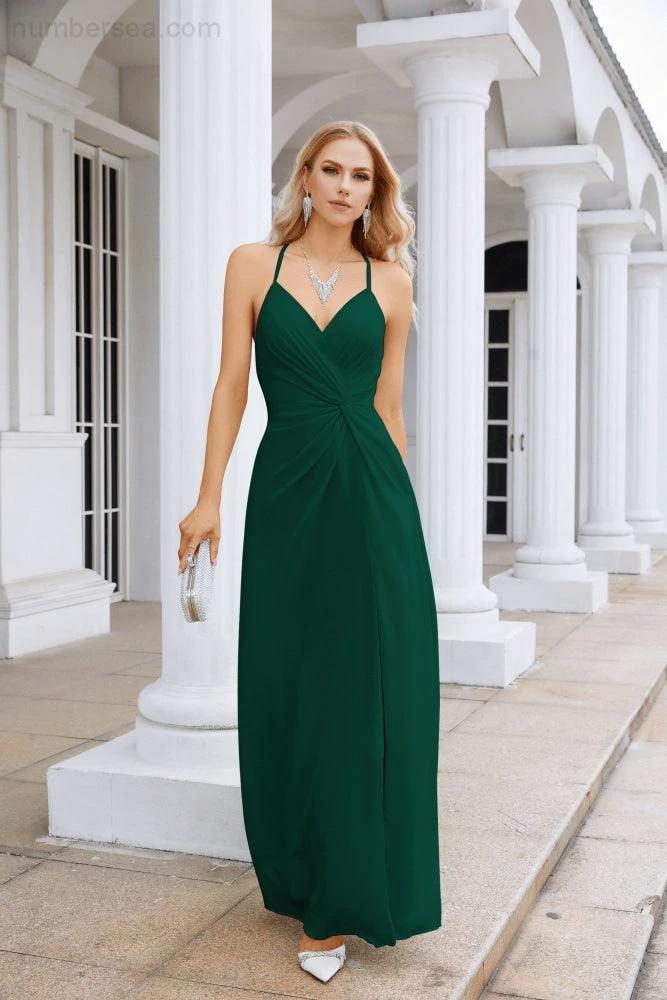Ladies Chiffon Spaghetti Strap V Neck Front Slit Floor Length Bridesmaid Evening Dress Prom Party Wedding Evening Dress 28116 (ZD17012)