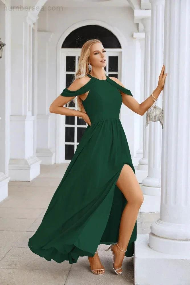 Ladies Chiffon Off Shoulder Swing Sleeve Front Slit Bridesmaid Evening Dress Wedding Party Evening Dress 28117 (ZD17011)