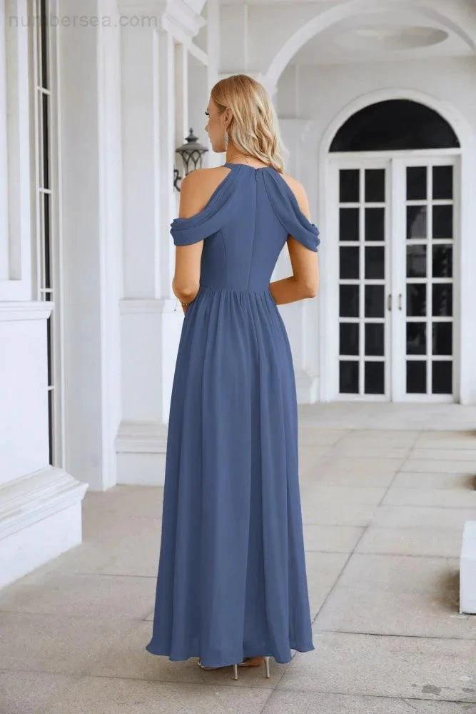 Ladies Chiffon Off Shoulder Swing Sleeve Front Slit Bridesmaid Evening Dress Wedding Party Evening Dress 28117 (ZD17011)