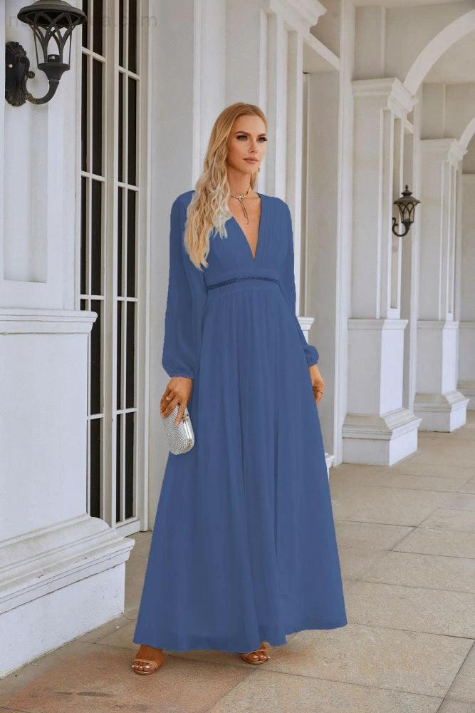 Ladies V Neck Chiffon Long Sleeve Front Slit Bridesmaid Evening Dress Wedding Party Shopping Evening Dress 28109 (ZD16991)