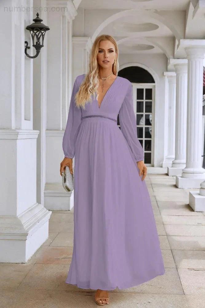 Ladies V Neck Chiffon Long Sleeve Front Slit Bridesmaid Evening Dress Wedding Party Shopping Evening Dress 28109 (ZD16991)