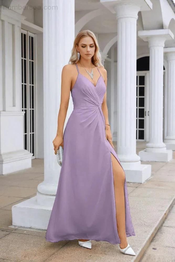 Ladies Chiffon Spaghetti Strap V Neck Front Slit Floor Length Bridesmaid Evening Dress Prom Party Wedding Evening Dress 28116 (ZD17012)